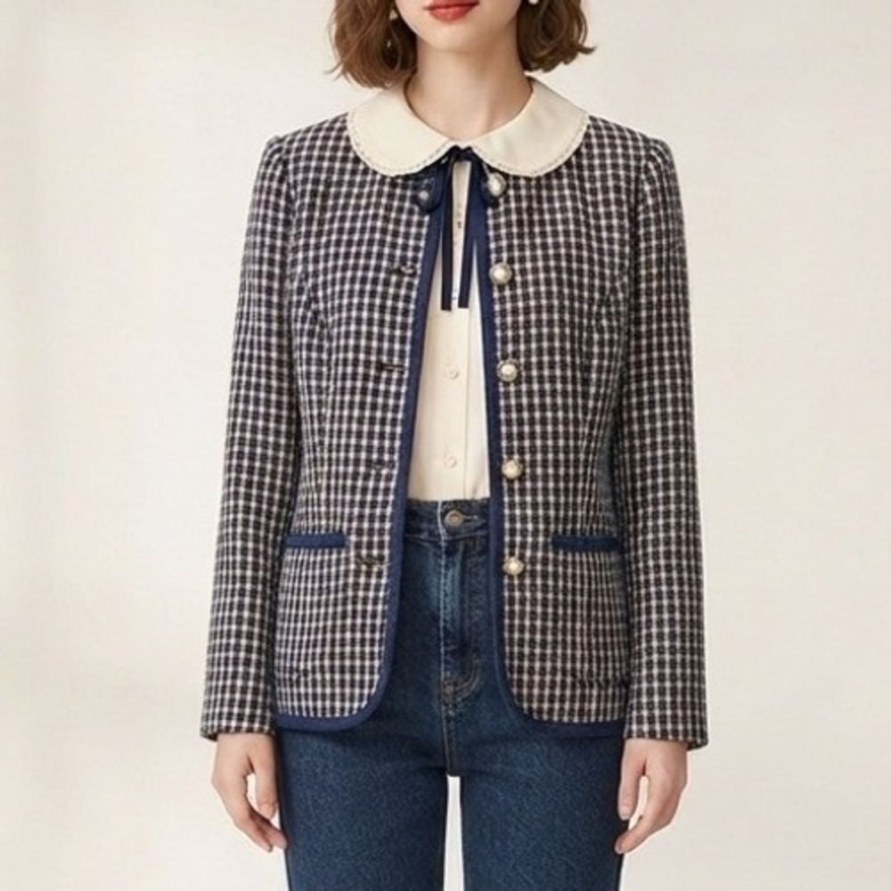 vintage tweed blazer navy plaid pearl button twee coquette academia 6p office